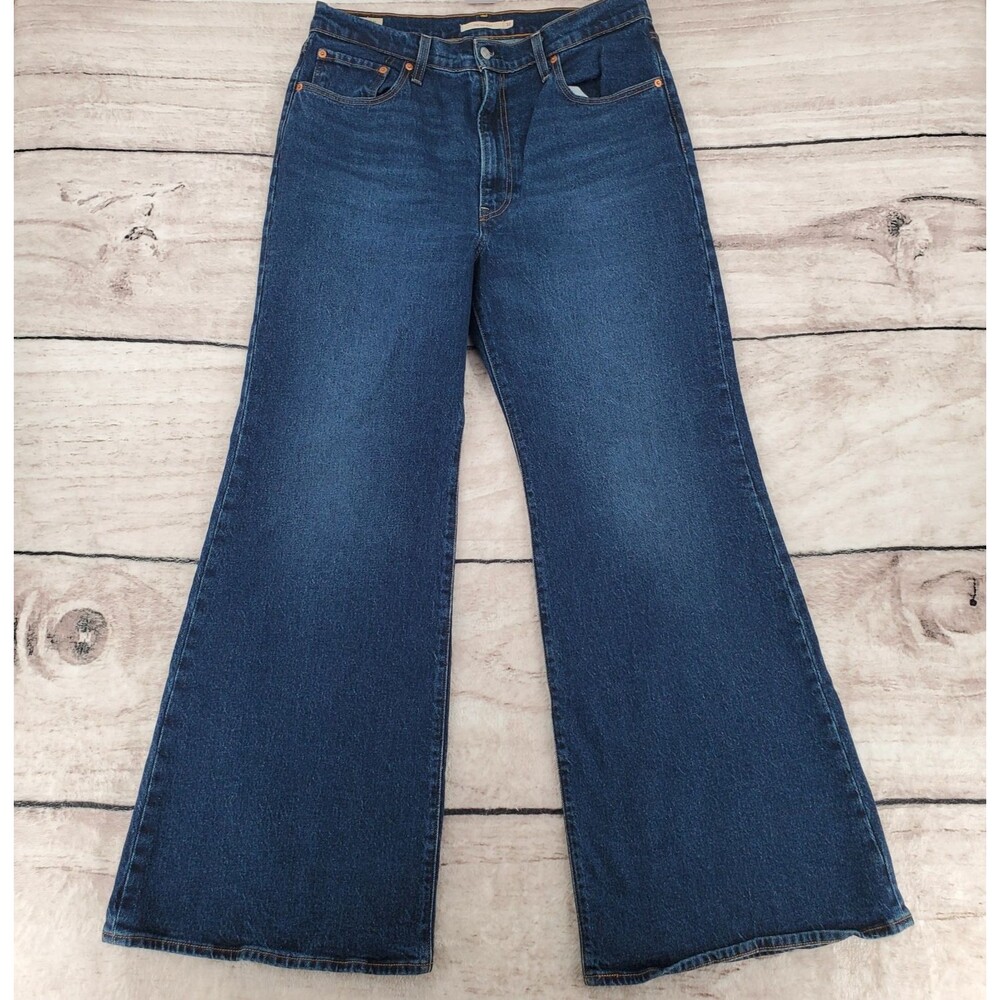 Levis 32x32 Blue Denim Ribcage Bell Bottom Jeans Wide Leg Western Y2k Zipper